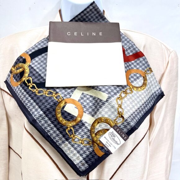 New W/ Box- CELINE  Large Collection Silk  Mini Scarf/Handker 22" Gray Check (53 - Picture 1 of 8